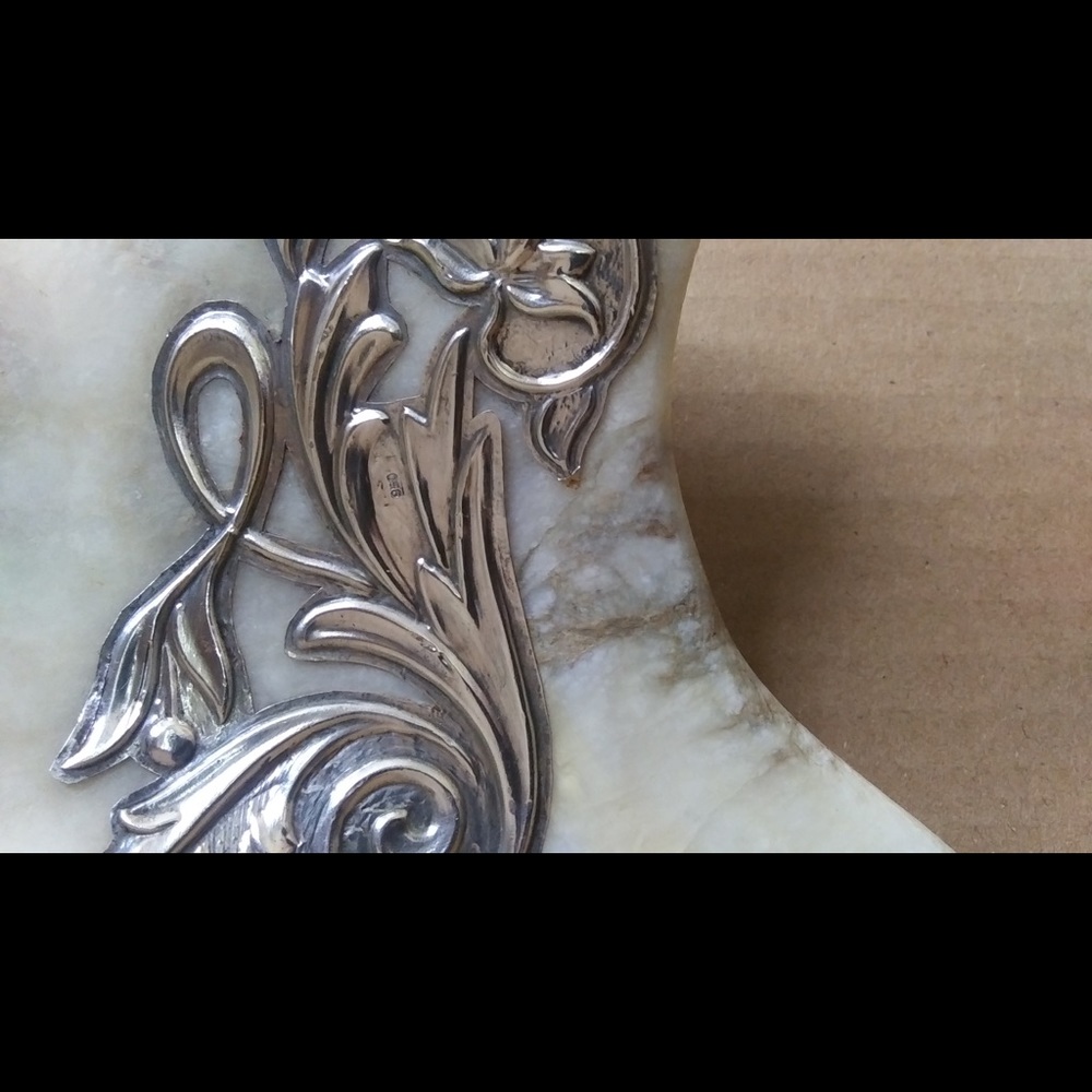VINTAGE ALABASTER & SILVER DISH TRIVET, LEAF. - Picture 5 of 11
